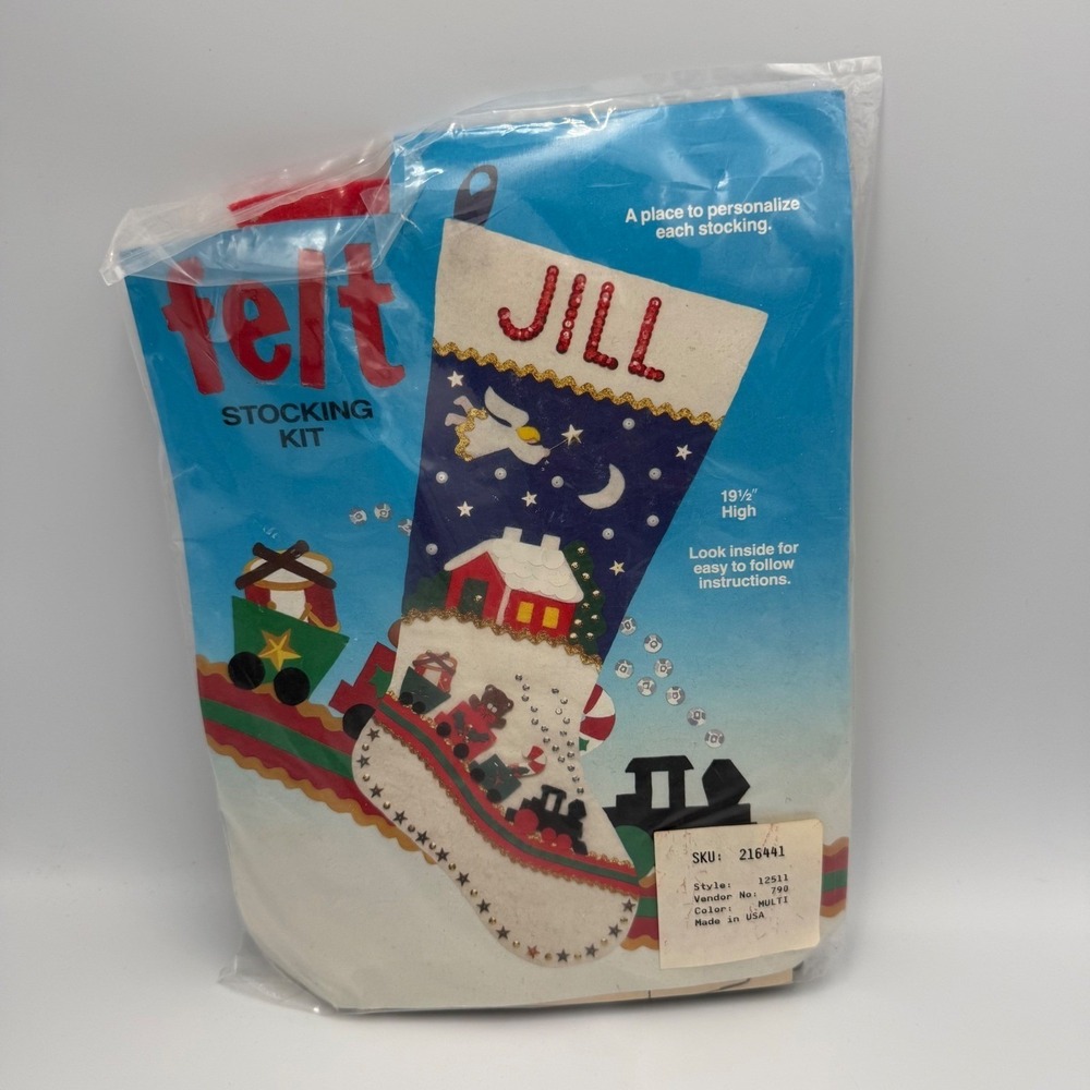 Vintage Felt Christmas Stocking Kit Train Teddy Bear 19.5 Inch DIY 12511 Multi